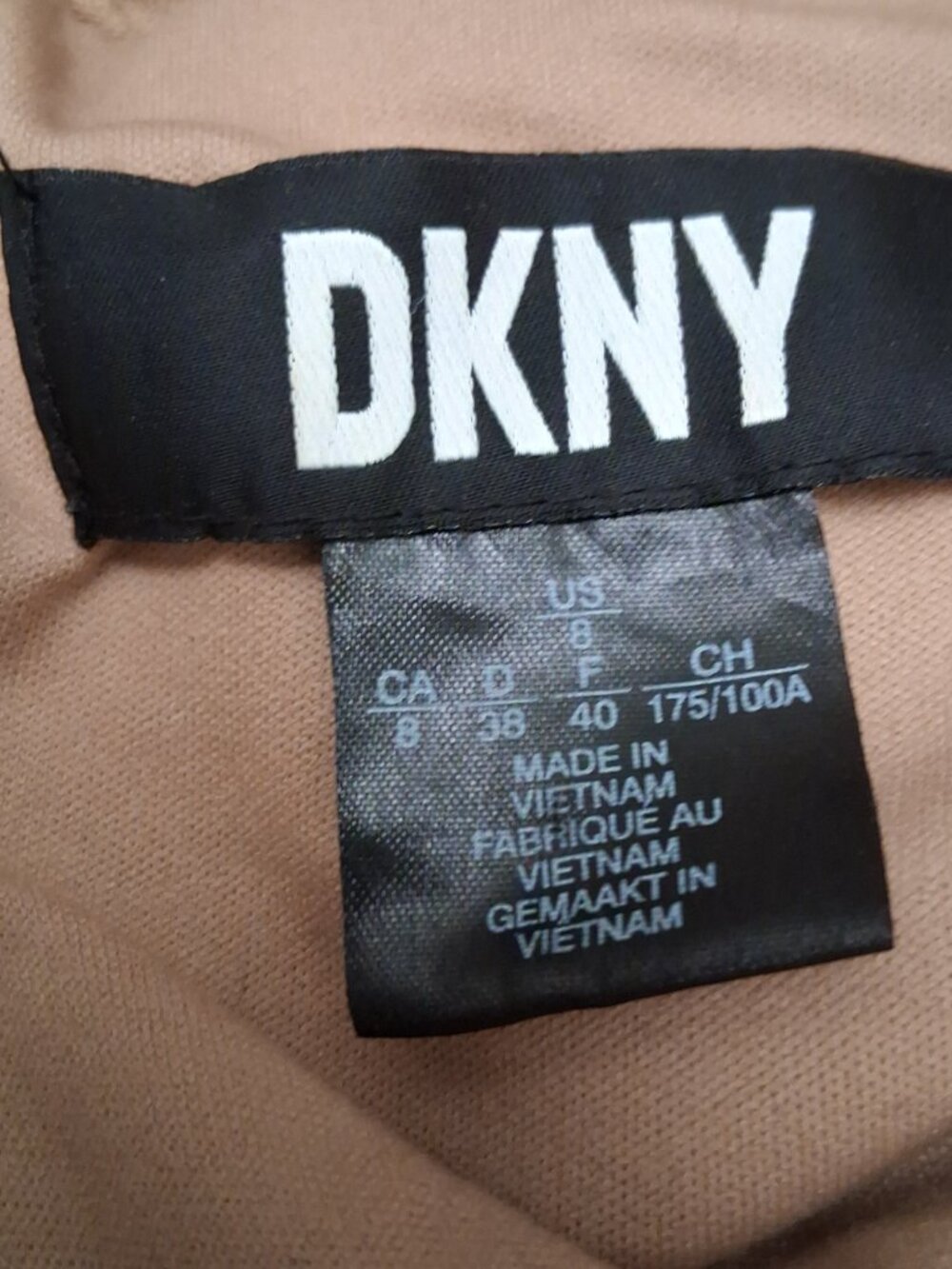 DKNY Women's Faux Wrap Midi Dress Tan Linen Blend SZ 8 FLAW - Picture 6 of 8